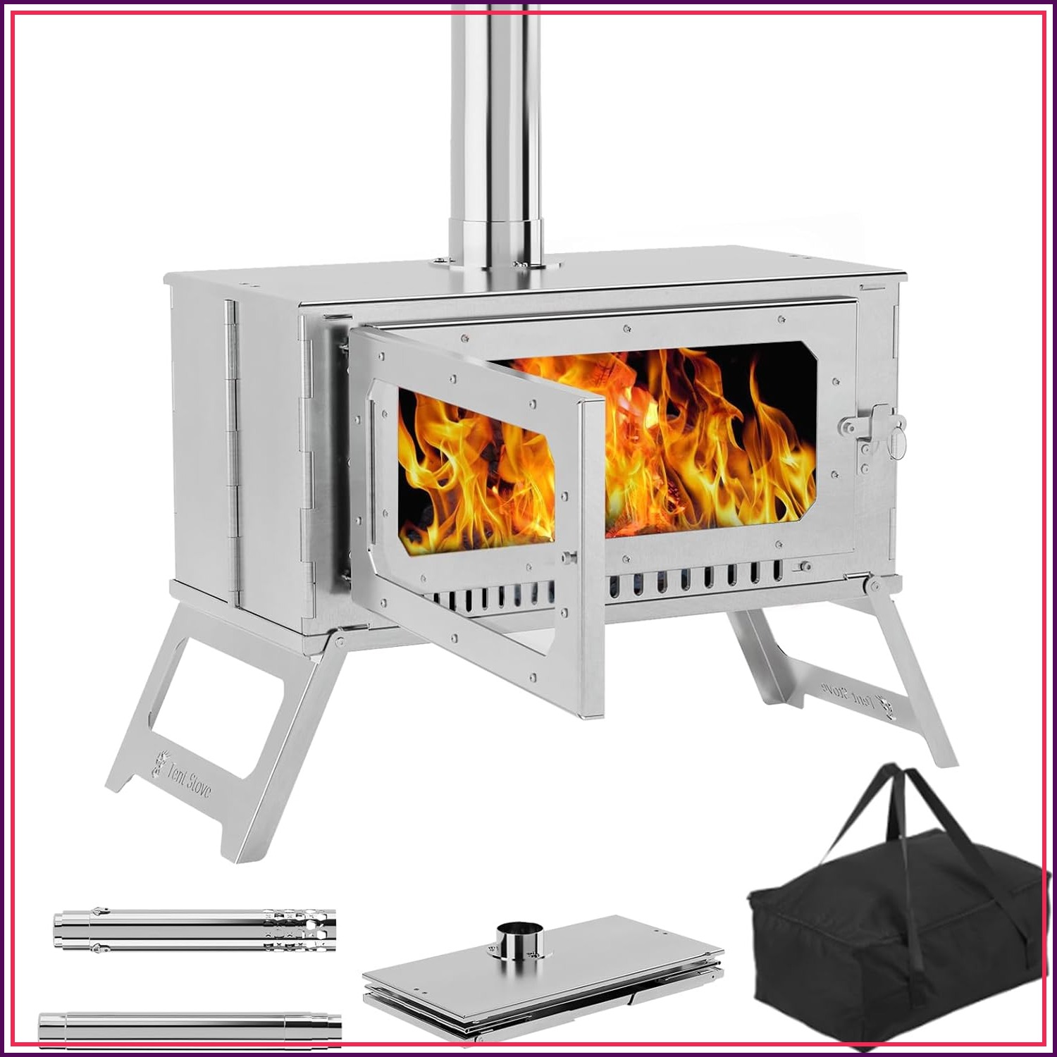 Hot Tent Wood Stove With Chimney Pipe - เตาเต็นท์พกพาแบบใช้ฟืนสำหรับตั้งแคมป์ ปี 2026 จากโรงงานโดยตรง ผลิตจากสแตนเลสพร้อมกระจกมองเห็น ปล่องไฟ