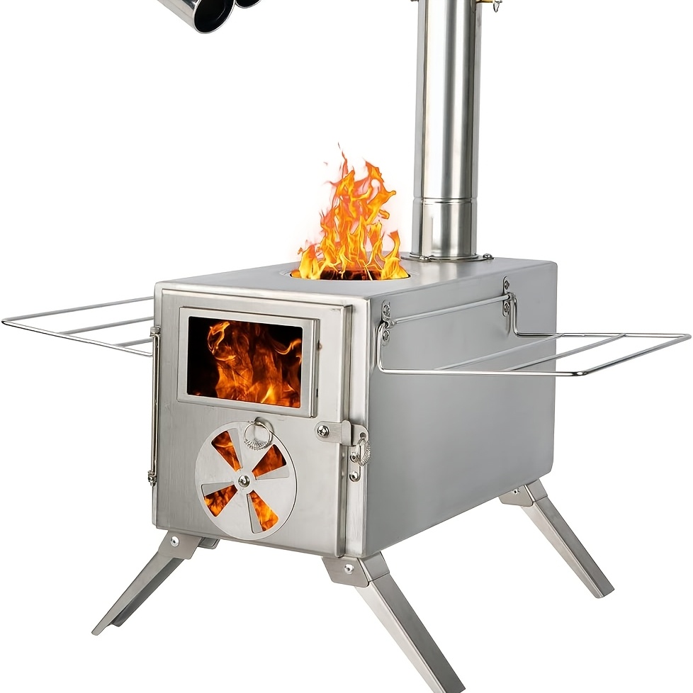 Hot Tent Wood Stove With Chimney Pipe - เตาไม้สำหรับตั้งแคมป์ เตาไม้สแตนเลสสำหรับเต็นท์แคมป์ปิ้ง เตาไม้แบบพกพา พร้อมท่อปล่อยควันและถุงมือ เตาสำหรับเต็นท์แบบให้ความร้อน เตาแคมป์ปิ้งที่เหมาะสำหรับการทำอาหารและให้ความร้อนกลางแจ้ง