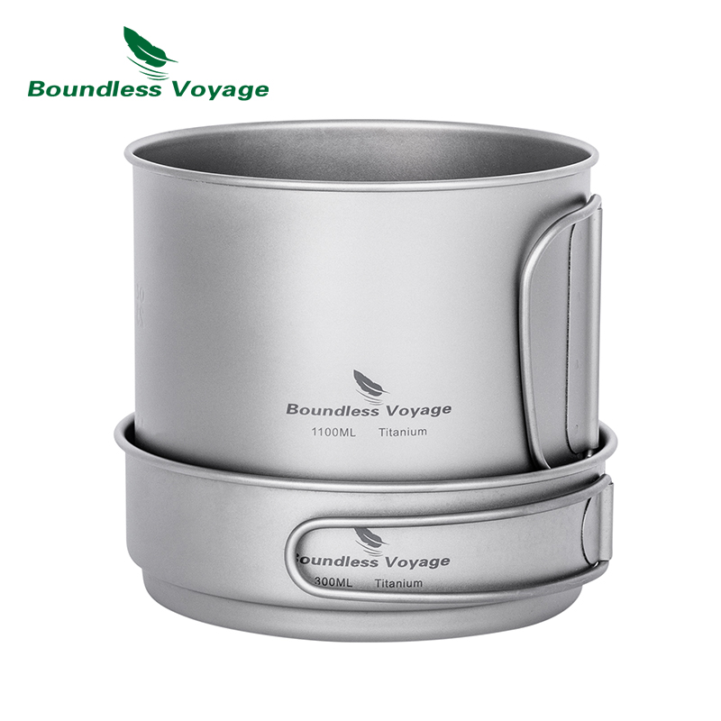 Titanium Cooking Pot Pan Mess Kit - ชุดเครื่องครัวแคมป์ปิ้ง Boundless Voyage ชุดถ้วยและกระทะไทเทเนียม ชุดอุปกรณ์ทำอาหารกลางแจ้ง ชุดทำอาหารน้ำหนักเบาพิเศษสำหรับแบ็คแพ็ค