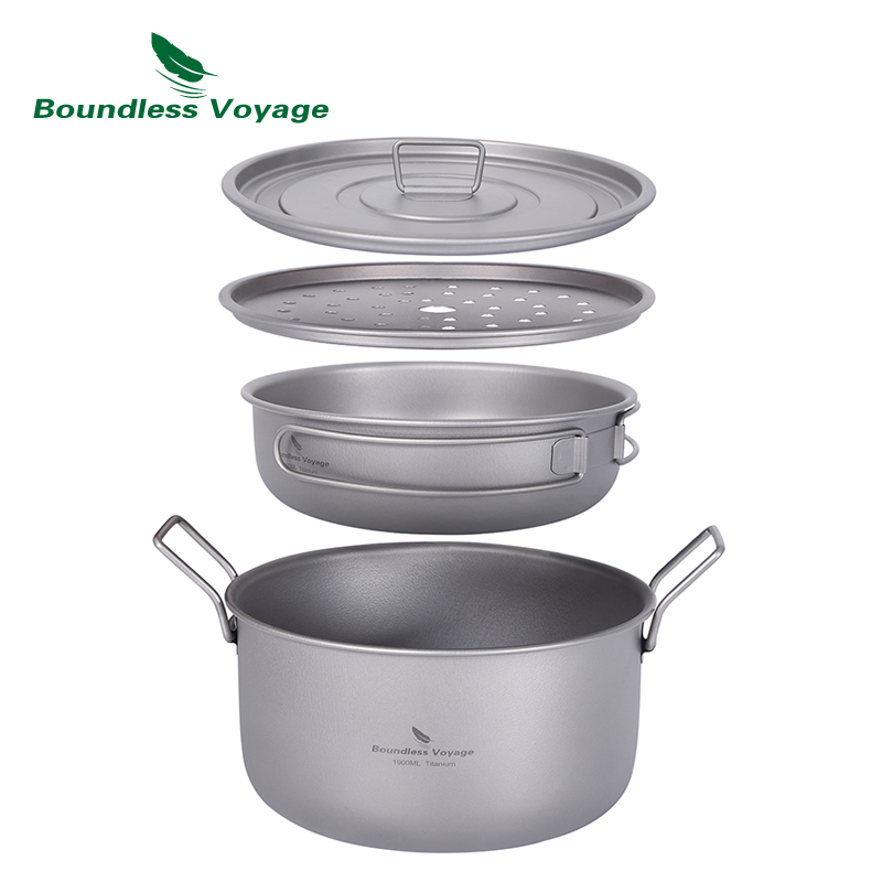 Titanium Cooking Pot Pan Mess Kit - อย่างไร้ขอบเขตการเดินทางหม้ออาหารแคมป์ปิ้งหม้อไอน้ำไทเทเนียมอเนกประสงค์พร้อมฝาปิดชุดรับประทานกลางแจ้ง Ti2057C