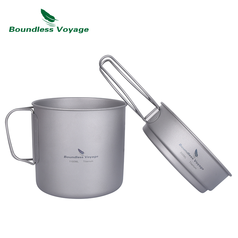 Titanium Cooking Pot Pan Mess Kit - ชุดอุปกรณ์ทำอาหารสำหรับแคมป์ปิ้ง Boundless Voyage หม้อไทเทเนียม กระทะ ด้ามจับพับได้