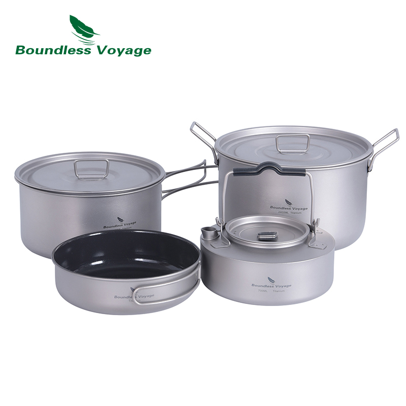 Titanium Cooking Pot Pan Mess Kit - Boundless Voyage Titanium Camping เครื่องครัว Mess